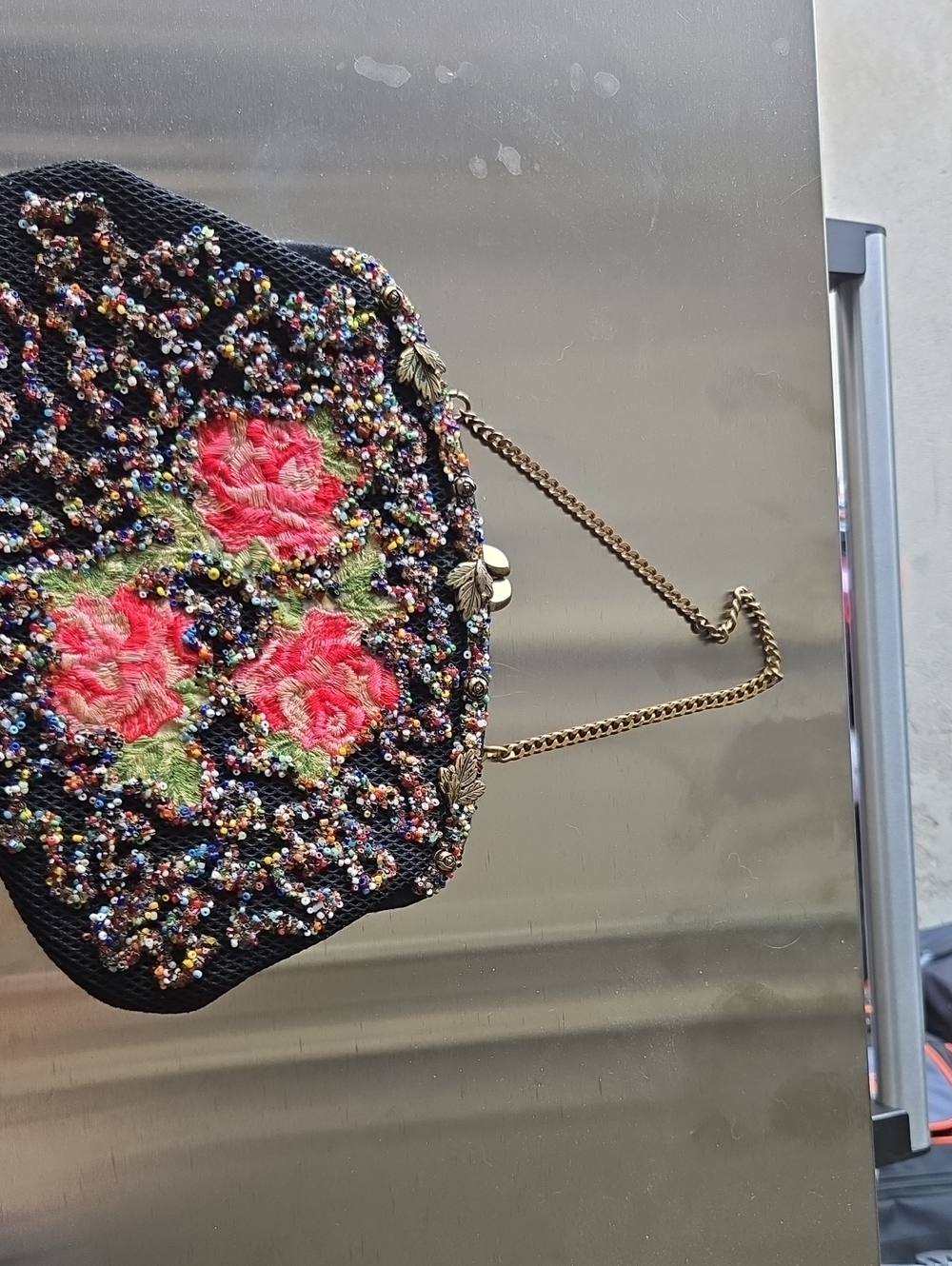 Embellished Black Beaded Floral Bag